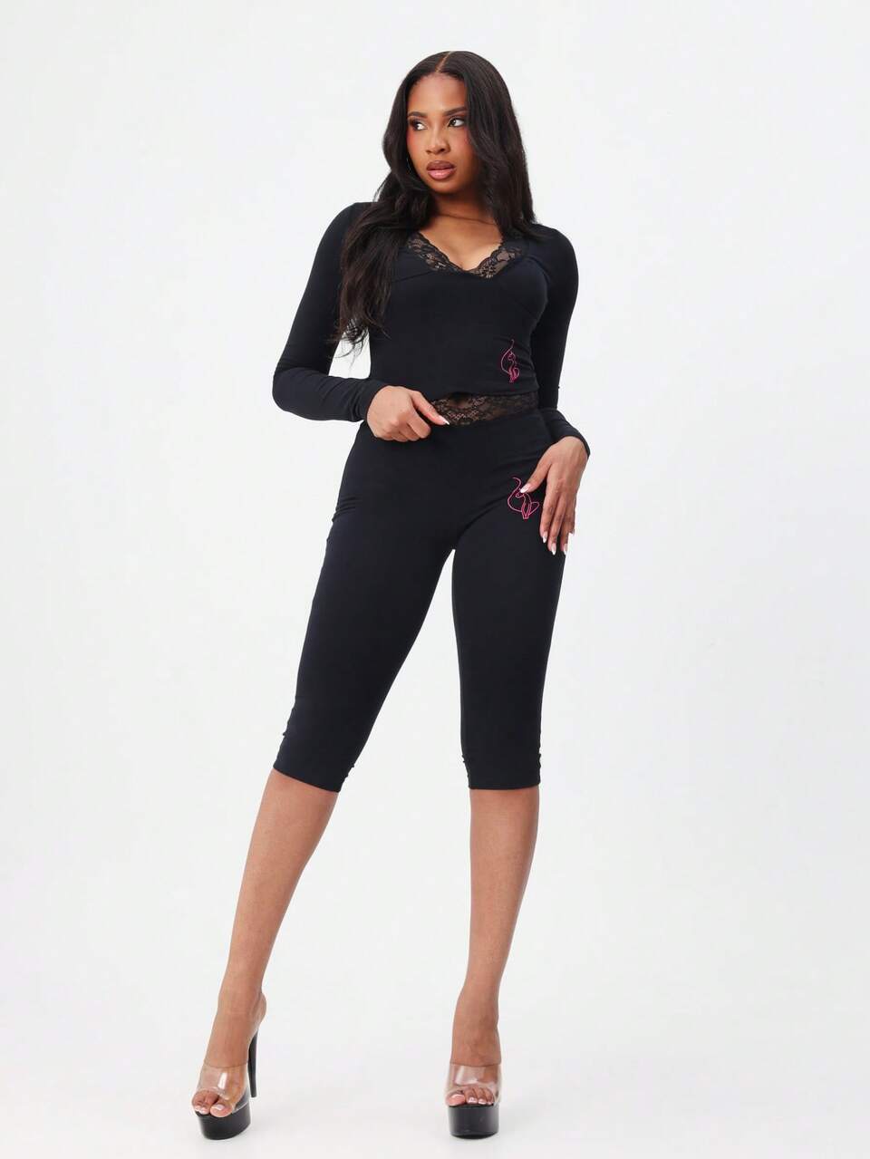BABYPHAT Long Sleeve Deep V-Neck Lace Trim Bodysuit With Sheer Mesh Details And Form Fitting Silhouette For Evening Occasions Fall Winter