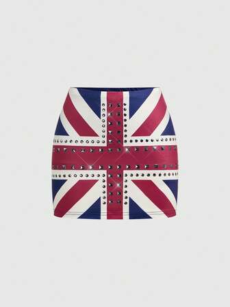 Grunge Punk Minigonna vintage da donna in stile Y2K con stampa della bandiera del Regno Unito, strass e borchie, vita bassa