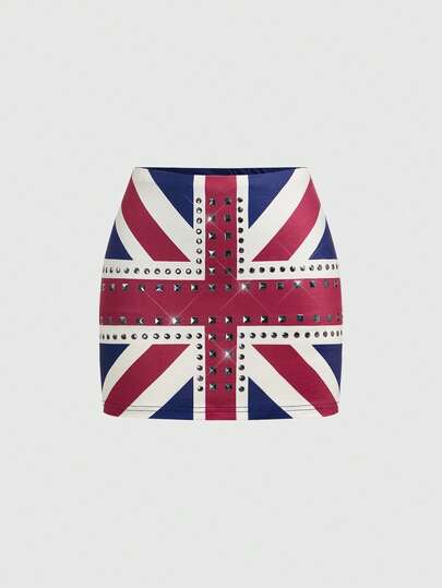 Grunge Punk Minifalda de cintura baja con estampado de bandera del Reino Unido, tachuelas y cristales, estilo vintage Y2K para mujer