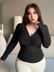 Dazy Plus 酒红色修身短袖长袖T恤，大码女装，春秋季 - 黑色 - 查看 4