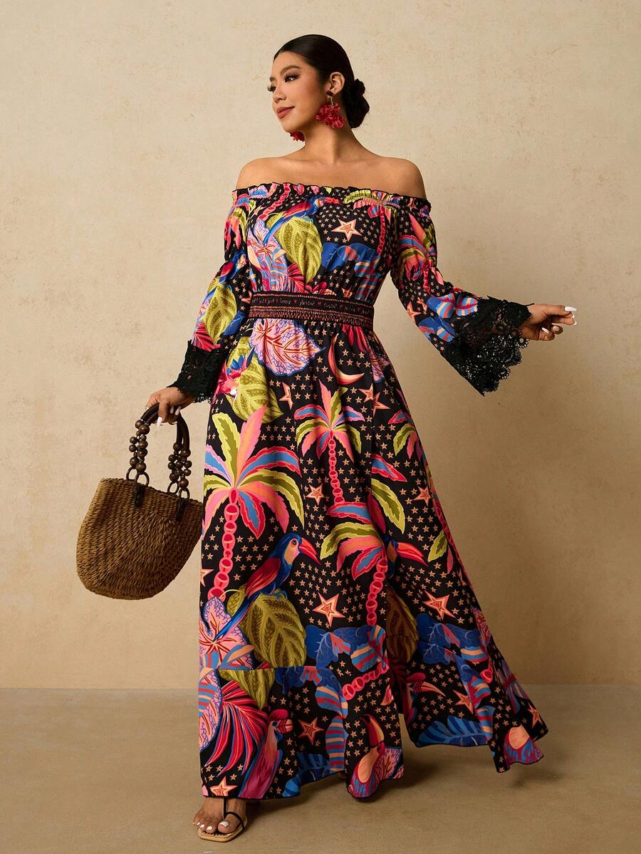 Travachic 大码女式棕榈树印花露肩长袖侧开衩下摆时尚连衣裙 - 黑色 - 查看 1