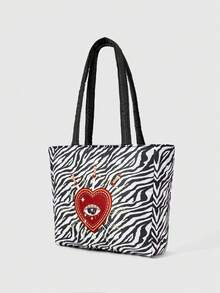 ROMWE Goth Figure Graphic Large Capacity Portable Shoulder Bag For Women - Black and White - View 2