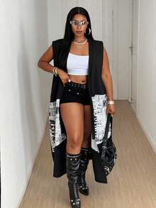 Maweii 大码女式无袖报纸印花拼接长款开衫，休闲简约日常穿搭黑白外套 - 黑與白 - 查看 4