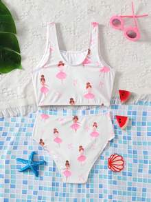 SHEIN Tween Girl Cartoon Ballerina Print Casual Swimwear Set - Multicolor - View 4