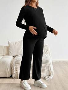SHEIN 孕妇纯色长袖上衣、长裤和短裤哺乳套装，女士两件套，舒适两件套，女士裤装短裤套装，女士两件套服装 - 黑色 - 查看 4