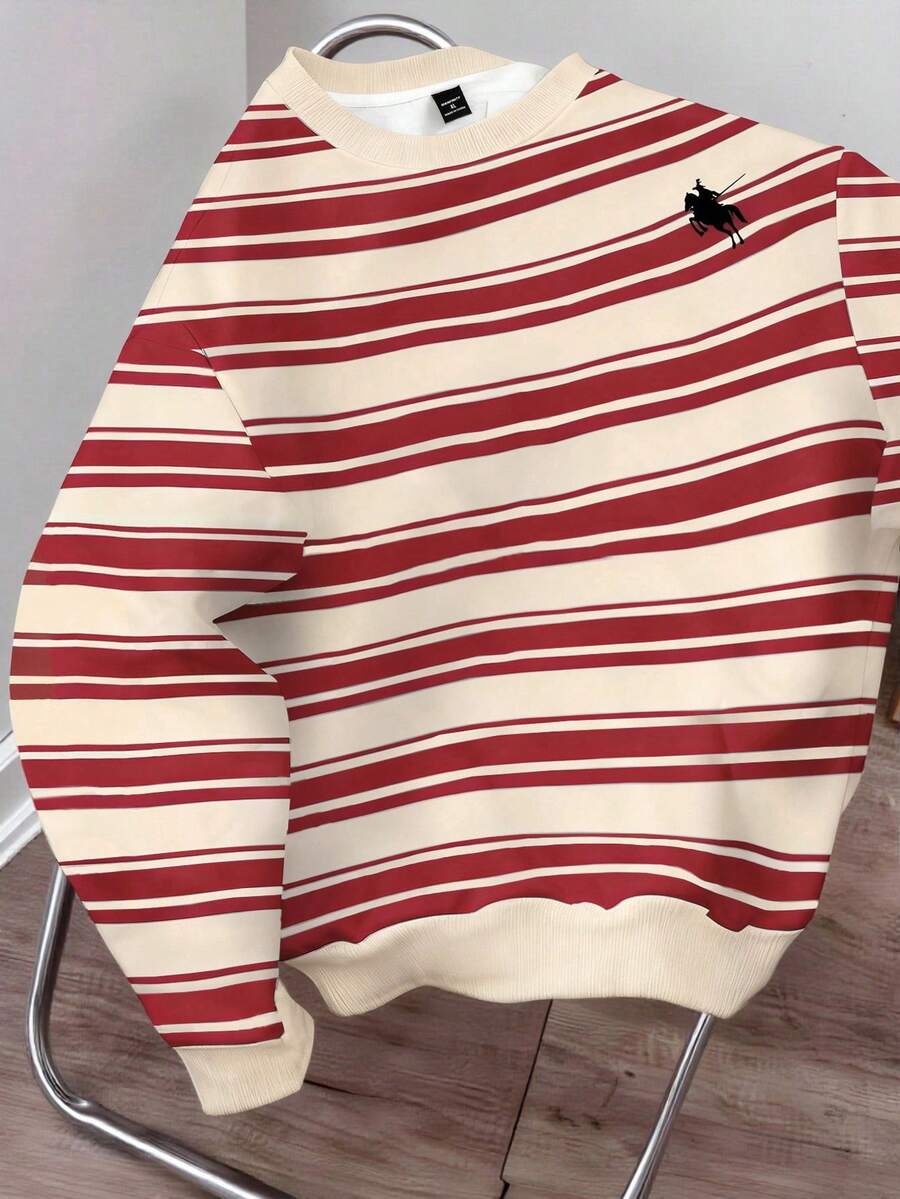 Manfinity Joysei Sudadera de cuello redondo con estampado de caballero a rayas, versátil y casual para uso diario, de manga larga para hombre - Multicolor - Ver 1