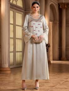 Al Najma Women's Long Sleeve Tunic With Crystal Embellishment, Traditional Turkish & Arabic Style Kaftan Jalabiya Dress - Apricot - View 4