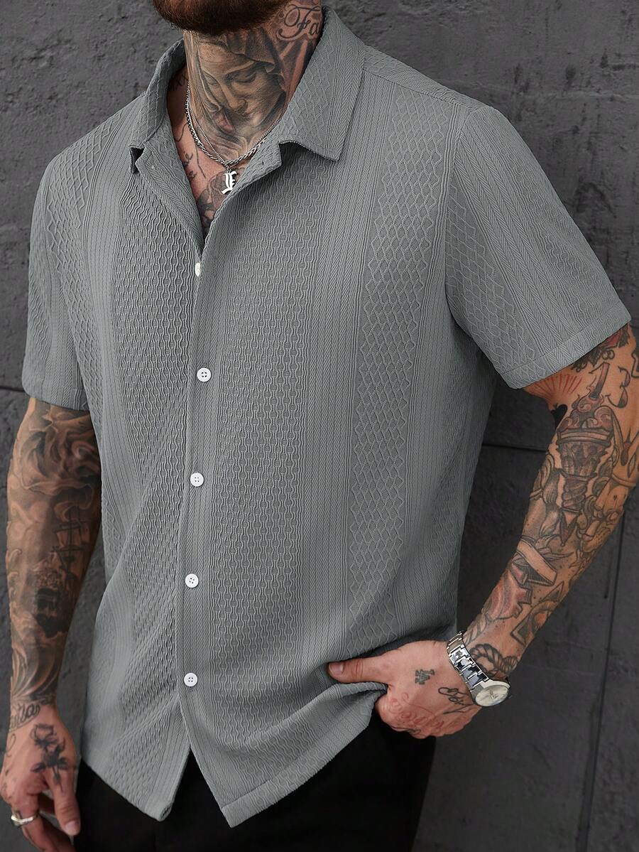 Manfinity CasualCool Áo sơ mi nam tay ngắn dệt kim jacquard màu trơn - Xám - Xem 1