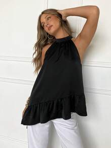 Siren Gaze Spring & Summer Asymmetrical Halter Top Evening Party Holiday Night Out Wedding Guest Spring Summer Fall Black Top - Black - View 6