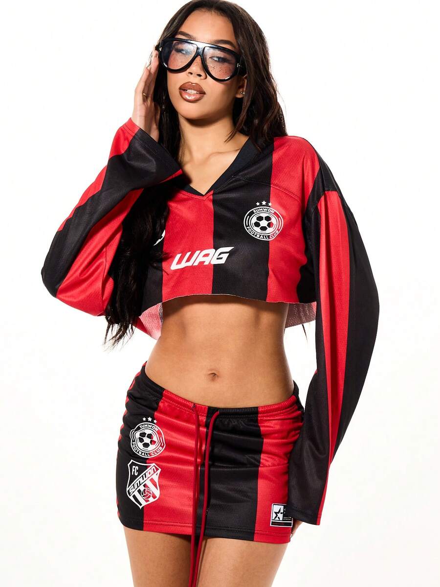 SUMWON WOMEN Cropped Football Jersey And Mini Skirt Two Piece Streetwear Set With Vertical Stripes And Long Sleeves - Multicolor - View 1