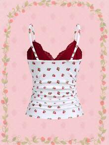 Strawberry Shortcake | ROMWE Cartoon Figure Graphic Contrast Lace Ruched Camisole Top - Red - View 2