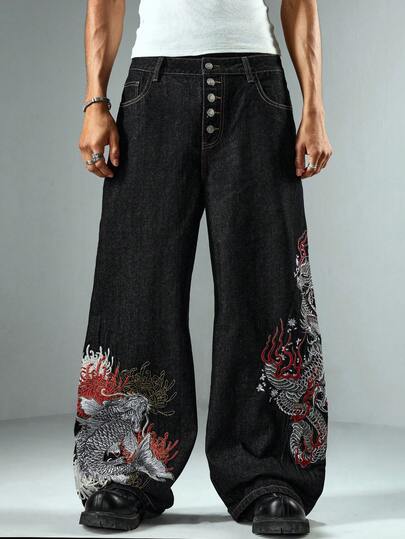 Grunge Punk Jeans casual da uomo, stile di strada per uso quotidiano, con bottoni, ricamo floreale e carpa, gamba ampia e comoda