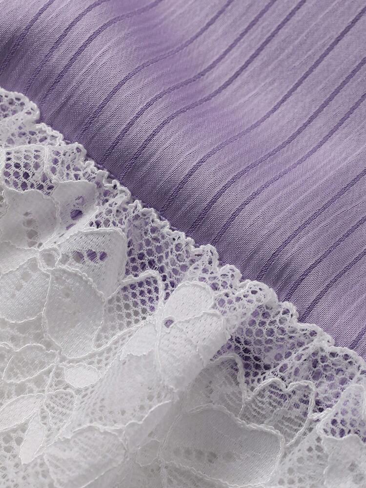 2pcs Lace Patchwork V-Neck Long Sleeve Pajama Set For Women