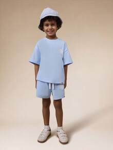 SUMWON Boys Sweatshirt And Shorts Coordinated Two Piece Set With Logo Detail Crew Neck Short Sleeve Summer Outfit Casual - Blue - View 1