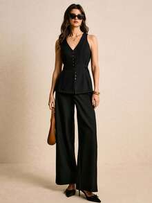 Poéselle Chaleco informal de mujer de un solo botonadura y unicolor - Negro - Ver 2