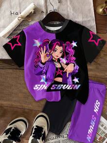 少女休闲韩流女团字母星形印花圆领短袖T恤短裤套装，适合度假、派对、日常穿着、演唱会等场合，夏季圆领T恤短裤两件套 - 彩色 - 查看 3