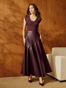 Anewsta 女士优雅简约酒红色PU半身裙，收腰喇叭裙摆，适合秋季、冬季、新年、派对、婚礼等场合，优雅、别致、时尚，圣诞节必备单品 - 酒紅色 - 查看 6