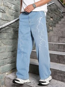 Manfinity EMRG Plus Size Men's Lightning Embroidered Distressed Washed Black Denim Jeans, Suitable For All Seasons Light Blue Pants - Light Wash - View 3