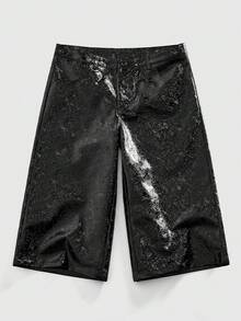 ROMWE MEN Street Life 男士PU纹理阔腿宽松休闲短裤 - 黑色 - 查看 1