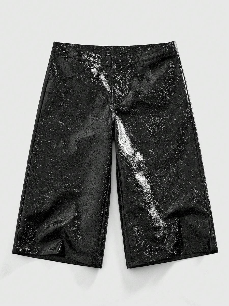 ROMWE MEN Street Life 男士PU纹理阔腿宽松休闲短裤 - 黑色 - 查看 1