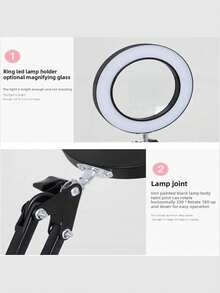 10X Magnifying Glass With Light And Stand, 3 Light Colors & 10 Brightness Levels, 2-In-1 Swing Arm LED Desk Lamp, Metal Arch Swing Arm Design, USB Powered, Switch Control, Suitable For Manicure, Grooming, Embroidery, Reading, Crafts, Repair, Painting - Black - View 4
