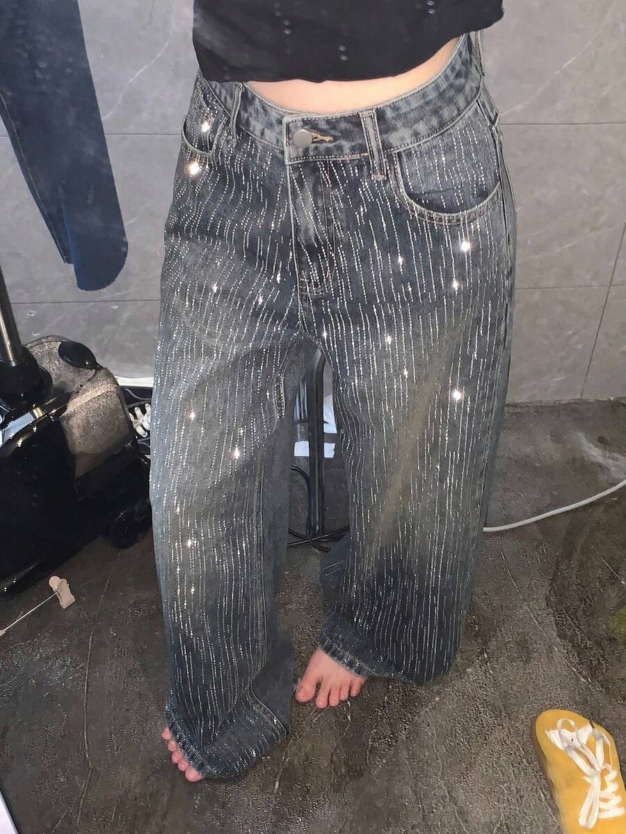 DAZY Women's Fully Rhinestoned Korean Style Glittering Distressed Versatile Heavy-Duty Denim Jeans - Blue - View 1