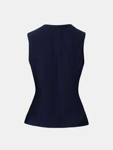 Girlism 少女无袖上衣和裤子套装，金属纽扣闭合，优雅复古风格 - 藏蓝色 - 查看 8