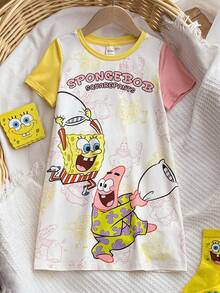 SpongeBob SquarePants | SHEIN Young Girl Comfortable Cute Cartoon Pattern Colorblock Short Sleeve Nightgown, Summer - Multicolor - View 1