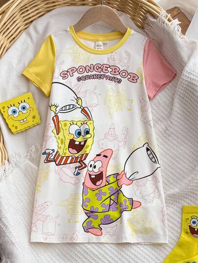 SpongeBob SquarePants | SHEIN Young Girl Comfortable Cute Cartoon Pattern Colorblock Short Sleeve Nightgown, Summer
