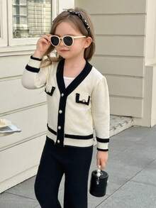 SHEIN Elladie kids Young Girl Contrast Trim Cardigan & Knit Pants