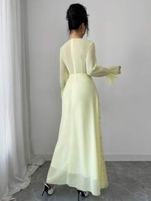 Modelyn 女士网纱刺绣拼接雪纺长袖喇叭连衣裙 - 淡黃色 - 查看 4