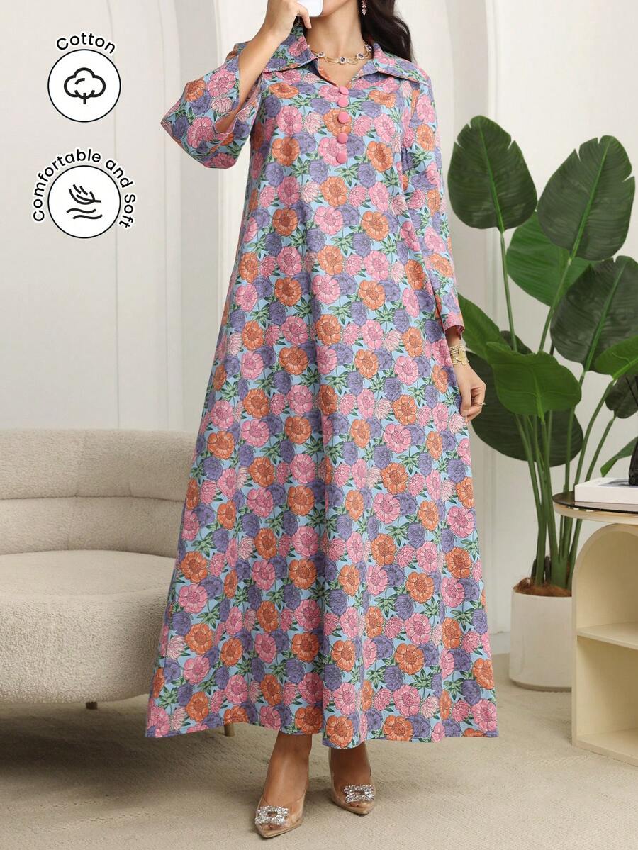 Al Najma 印花立领喇叭袖棉质连衣裙 - 藍色 - 查看 1