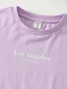 Set de 2 piezas de camiseta de manga corta con cuello redondo holgada y estampado de letras, y shorts holgados para niña joven en color morado - Púrpura malva - Ver 4