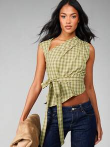 MISSGUIDED 格纹不对称裹身式系带无袖V领衬衫，春夏黄色格纹印花上衣 - 黃色 - 查看 5