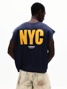 SUMWON 宽松印花网眼背心，背面印有纽约市图案，胸前饰有品牌标志，适合休闲夏季穿着。 - 藍色 - 查看 5