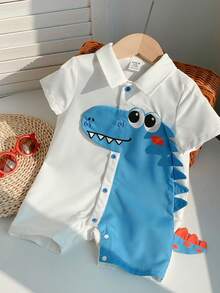 SHEIN Cute Cartoon Dinosaur Pattern Lapel Short Sleeve Romper Shorts, Casual & Versatile For Baby Boys & Girls, Spring/Summer - Blue and White - View 3