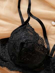 SHEIN 2pcs/Set Lace Solid Color Sexy Women's Underwire Bra Set - Black - View 5