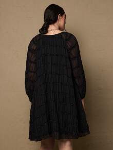 Freevana Plus Size Elegant Solid Color Textured Hollow Out Midi Dress, Suitable For Commuting Boho Dress Business Casual Western Resort Wear Women Valentines Chiffon Dress Brunch Outfits For Women Pleated Dress Textured Dress - Black - View 4