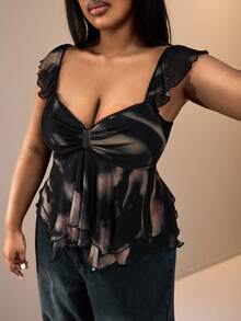 Truni Áo kiểu nữ cỡ lớn in họa tiết nhuộm tie-dye, vạt áo bất đối xứng cho năm mới 2026, phù hợp với dáng người quả lê và tam giác, áo xuyên thấu gợi cảm, áo kiểu nữ cỡ lớn mỏng manh, thích hợp cho mùa hè. - màu đen - Xem 4