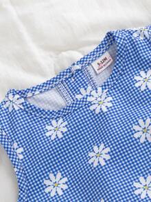 SHEIN Vintaside Kids 两件套女婴夏季时尚简约可爱套装，蓝白格纹上衣饰有蝴蝶结，搭配同款格纹长裤，适合户外、上学、旅行穿着。 - 藍色 - 查看 4