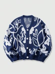 ROMWE MEN Men's Floral Jacquard Loose Knit Long Sleeve Sweater - Royal Blue - View 1