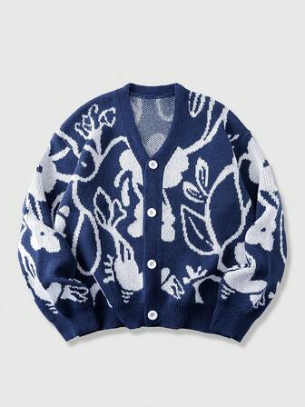 Suéter holgado de manga larga con estampado floral jacquard para hombre