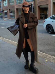 DAZY Áo khoác ngoài nữ thời trang, đa năng, màu trơn, có thắt lưng, thích hợp cho mùa thu/đông. - màu nâu - Xem 4