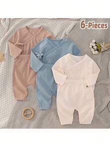Loomiva Bộ 5 món cho bé sơ sinh: Áo liền thân dài tay cổ tròn dệt kim họa tiết hoa nhí mềm mại, quần cạp chun, mũ, yếm, chăn quấn. - Nhiều màu - Xem 3