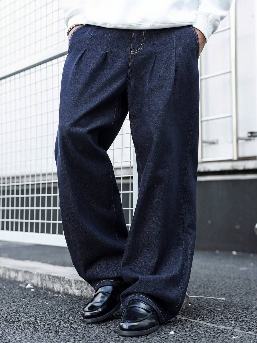 Manfinity EMRG Jeans casuales de hombre para uso diario y viajes, de unicolor, con pliegues plegados, sueltos y de pierna ancha - Azul lavado oscuro - Ver 1