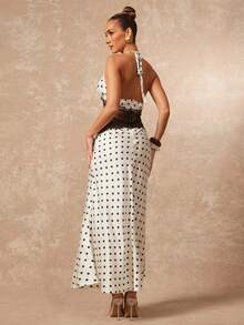 Lumalex 优雅波点蕾丝拼接V领无袖中长连衣裙（女款） - 杏色 - 查看 10