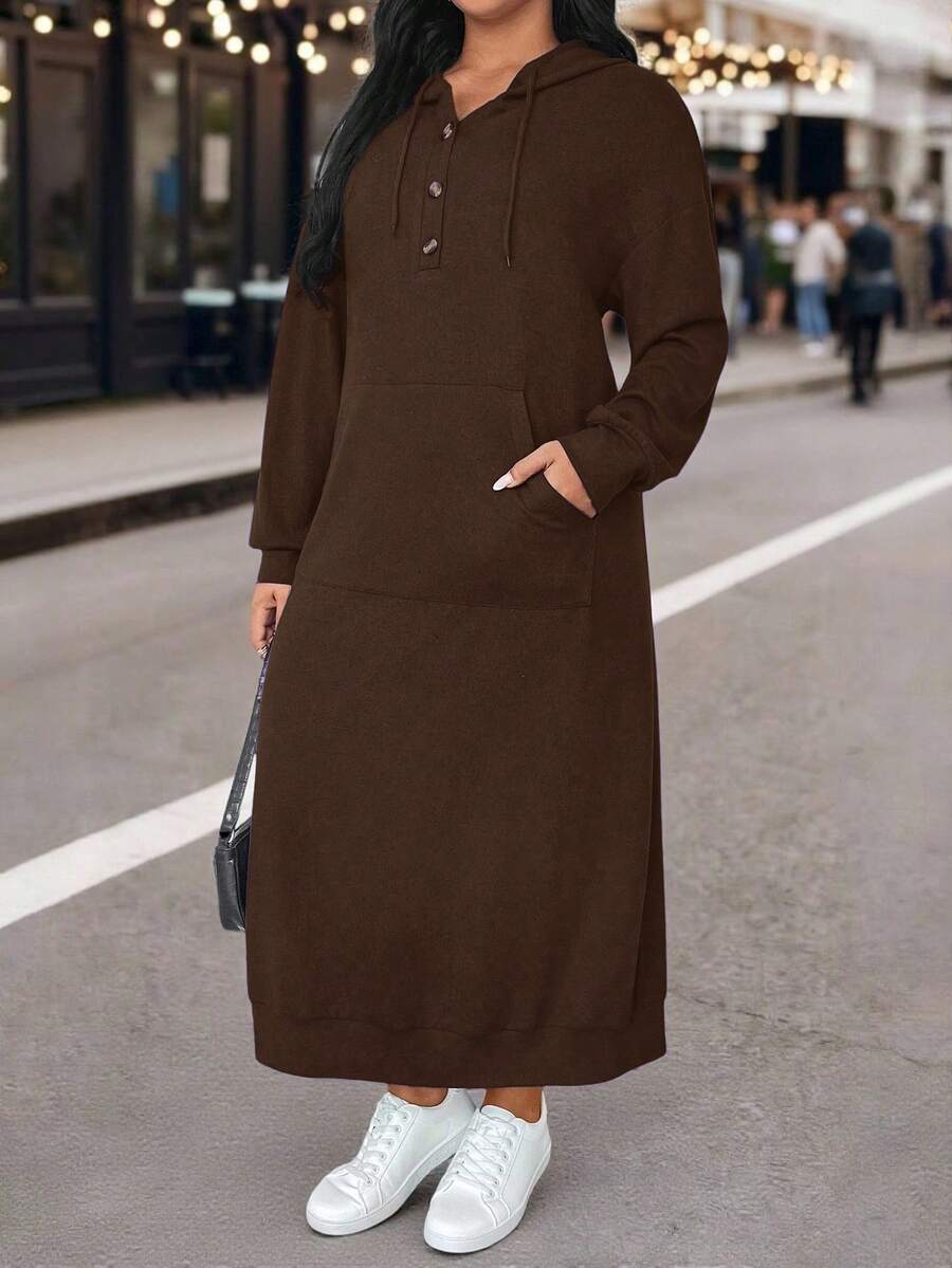 EMERY ROSE 大码纯色连帽抽绳口袋长袖卫衣，适合毕业季、返校季、教师节等场合，秋冬季节必备单品，棕色连衣裙，女士上衣，端庄服饰，秋季连衣裙，卫衣裙 - 咖啡棕 - 查看 1