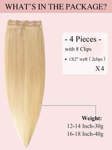 4PCS With 8 Clips Straight Clip In Hair Extensions 100% Real Human Hair Color 613# Light Blonde 12-18 Inch Double Weft Invisible Clip Hair Extensions Remy Natural Human Hair For Women Girl Daily Full Head Use Halloween Costumes - S613 - View 4