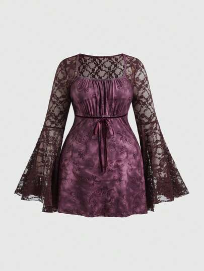 Goth Vestido de manga acampanada con encaje y estampado de paisley para tallas grandes