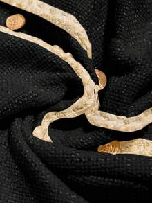 Aveloria Rosie New Elegant Vintage French Style Tweed Patchwork Pleated Metal Button Decor Round Neck Lantern Sleeve Waist Fitted Slim Women Dress - Black - View 7